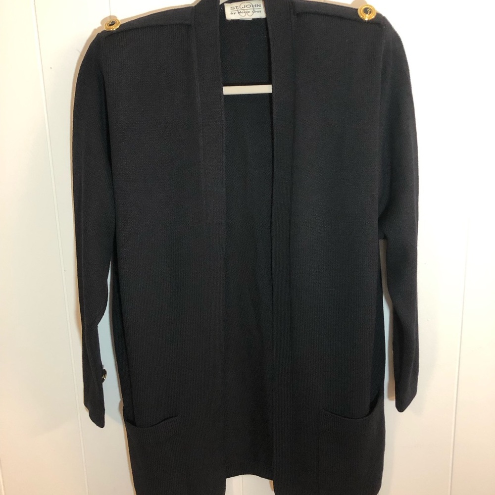 St John by Marie Gray Black Open Front Long Cardigan w/gold buttons Small
